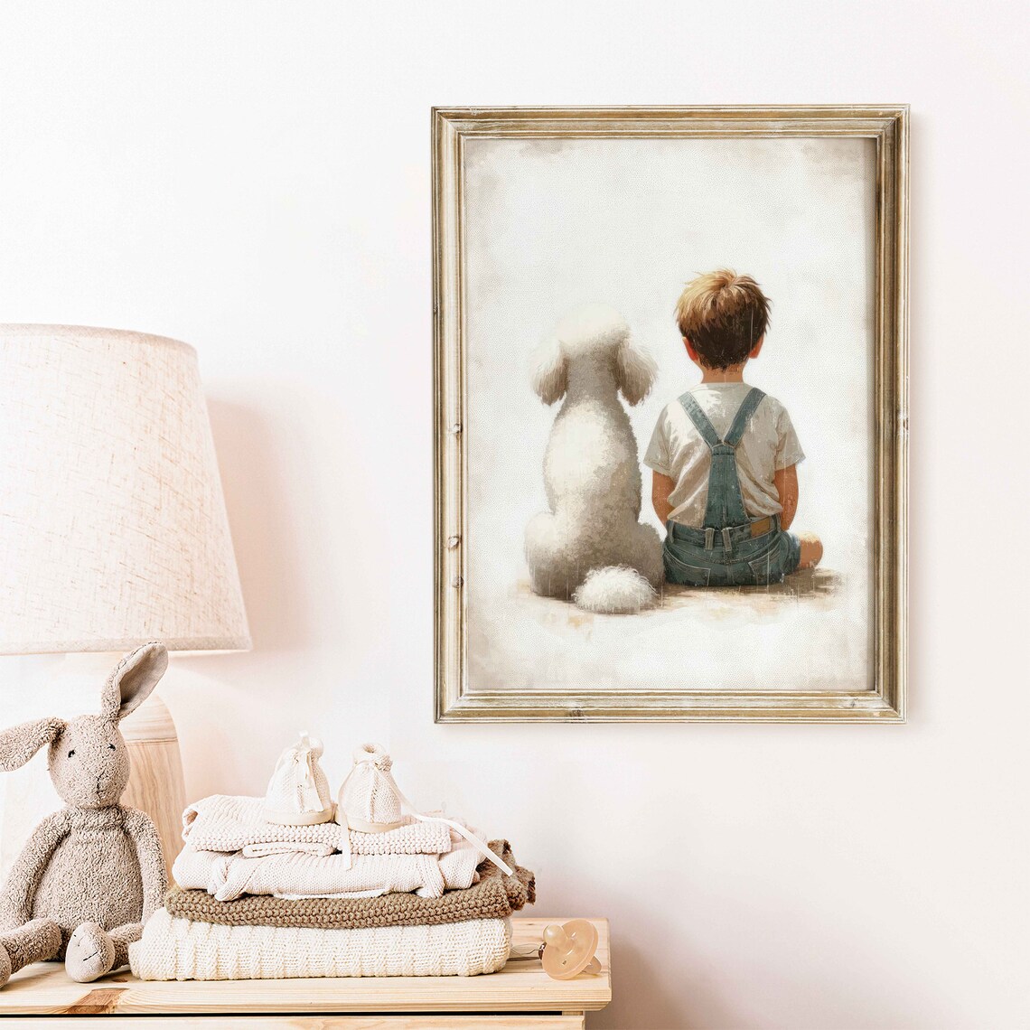 Little Boy and White Poodle Sitting Together Nursery Art Print - Image 2