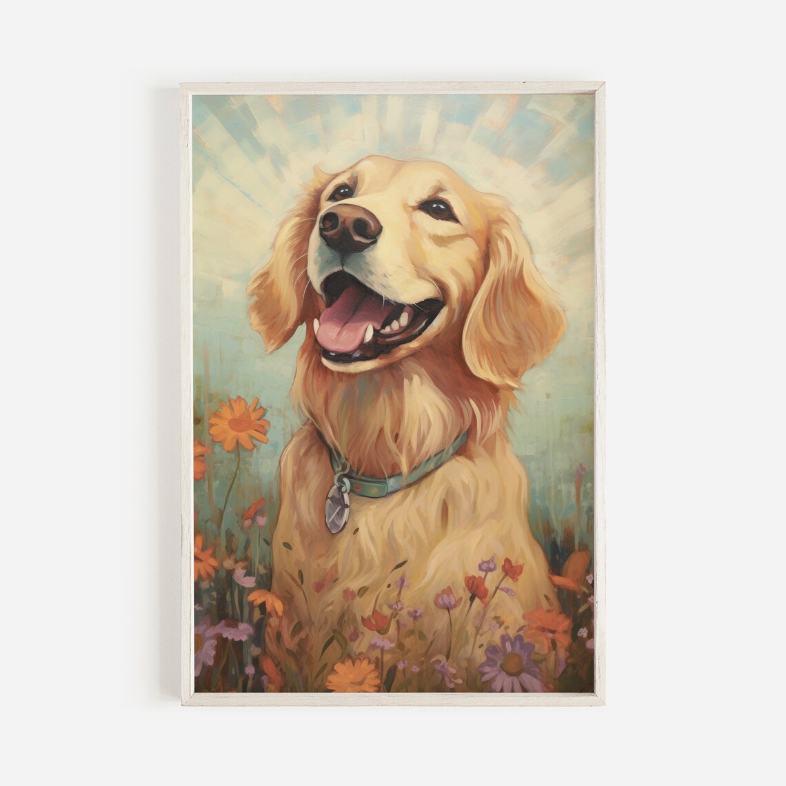 Happy Golden Retriever Dog Portrait with Wildflowers Wall Art - Image 2