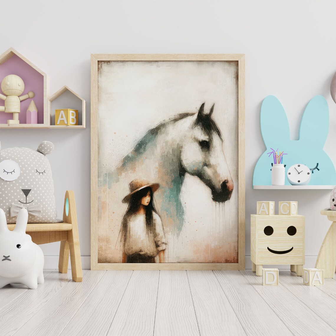 Young Girl Standing Beside Majestic White Horse Watercolor Poster - Image 2