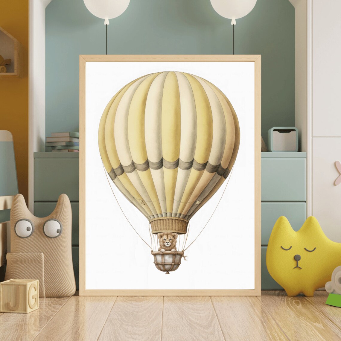 Adorable Lion Riding in Yellow Hot Air Balloon Whimsical Poster - Image 2
