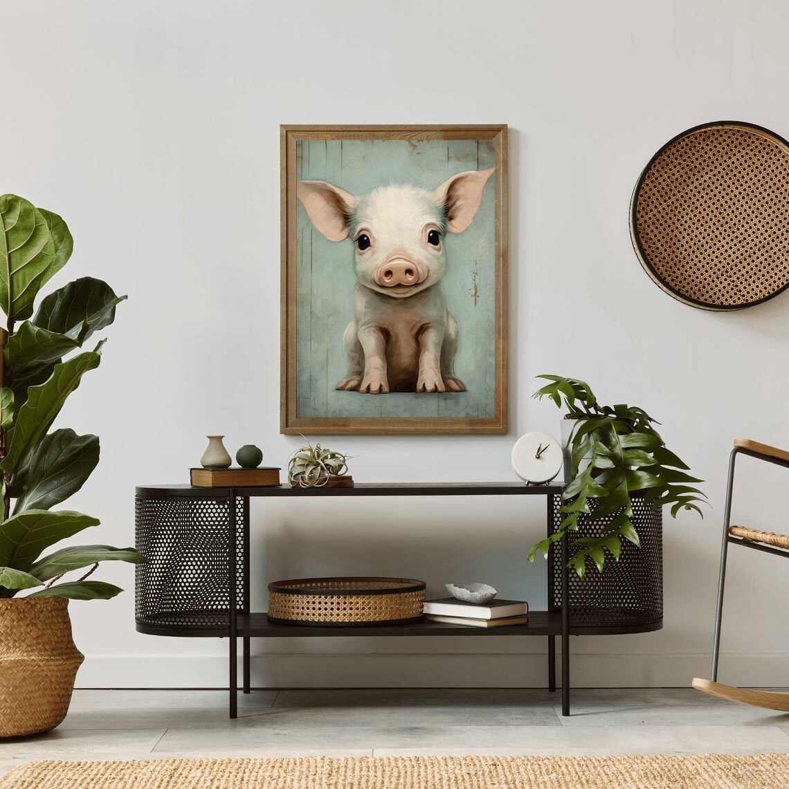 Adorable Smiling Piglet on a Teal Background Farm Animal Poster - Image 2