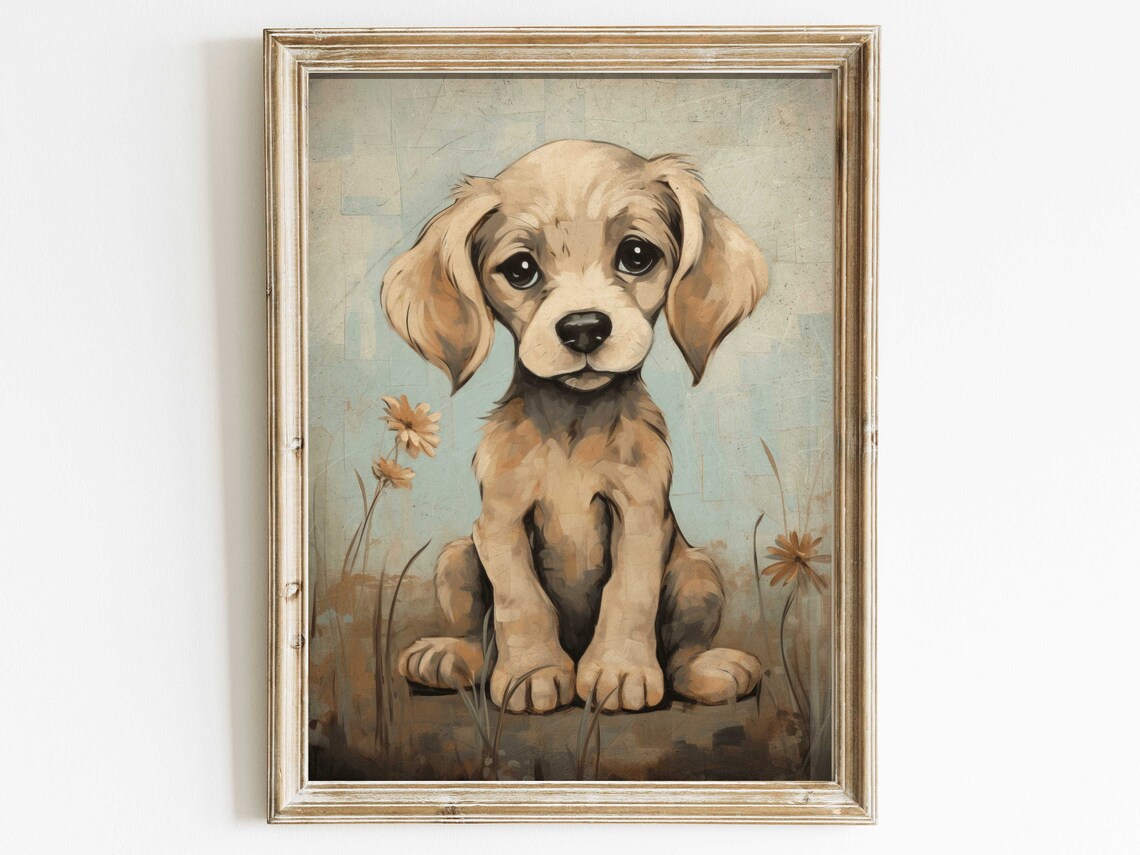Adorable Tan Puppy With Daisies Vintage Nursery Portrait Poster