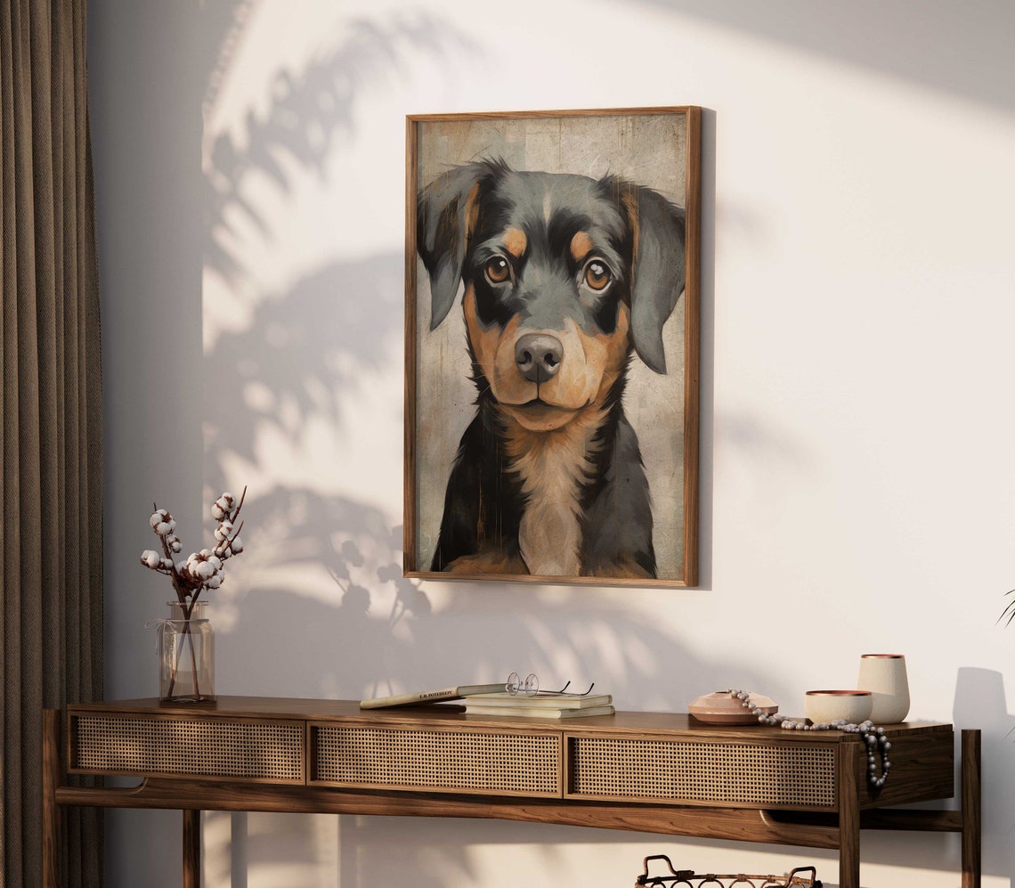Rottweiler Puppy Face Portrait Vintage Dog Painting Wall Poster - Image 2