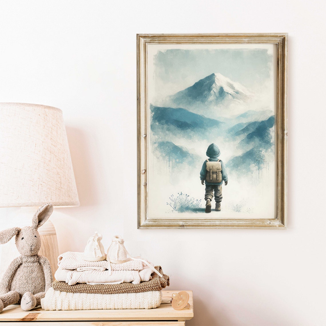 Young Boy Hiker With Backpack Walking Toward Misty Blue Mountains Poster - Image 2