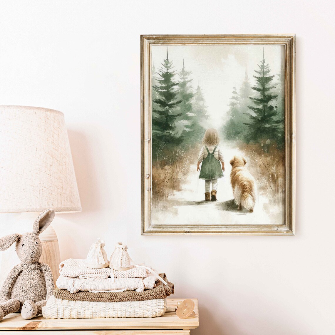 Little Girl and Golden Retriever Walking in Pine Forest Art Print - Image 2