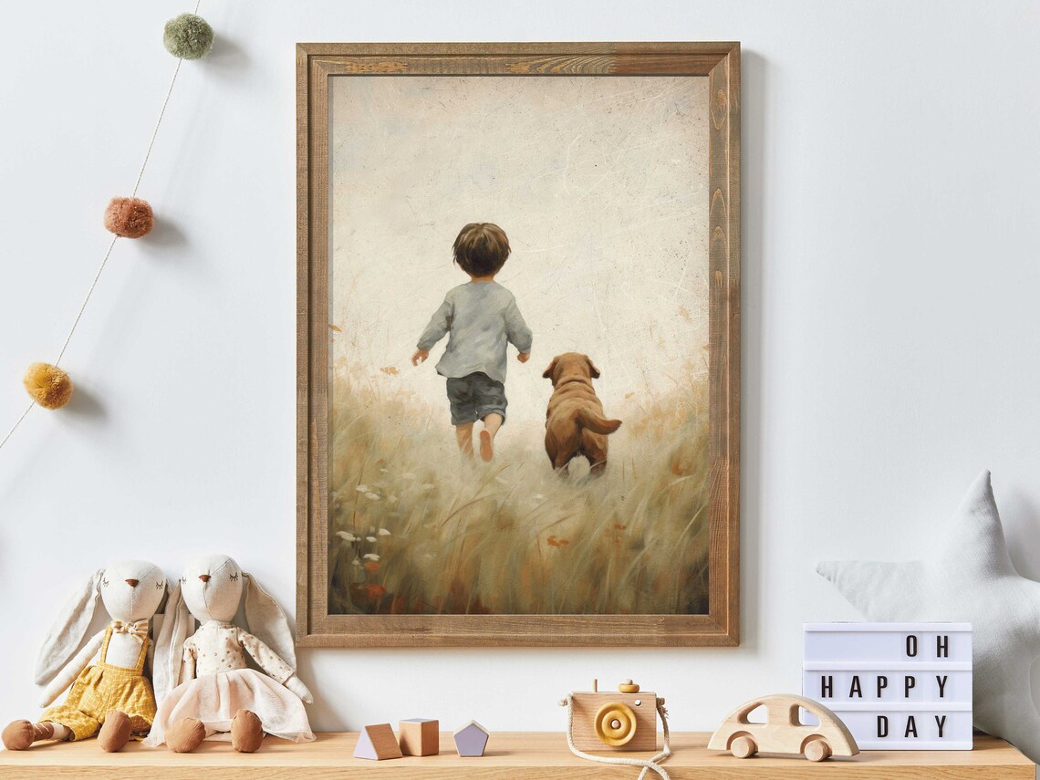 Boy Running with Labrador Puppy in Meadow Nursery Art Poster