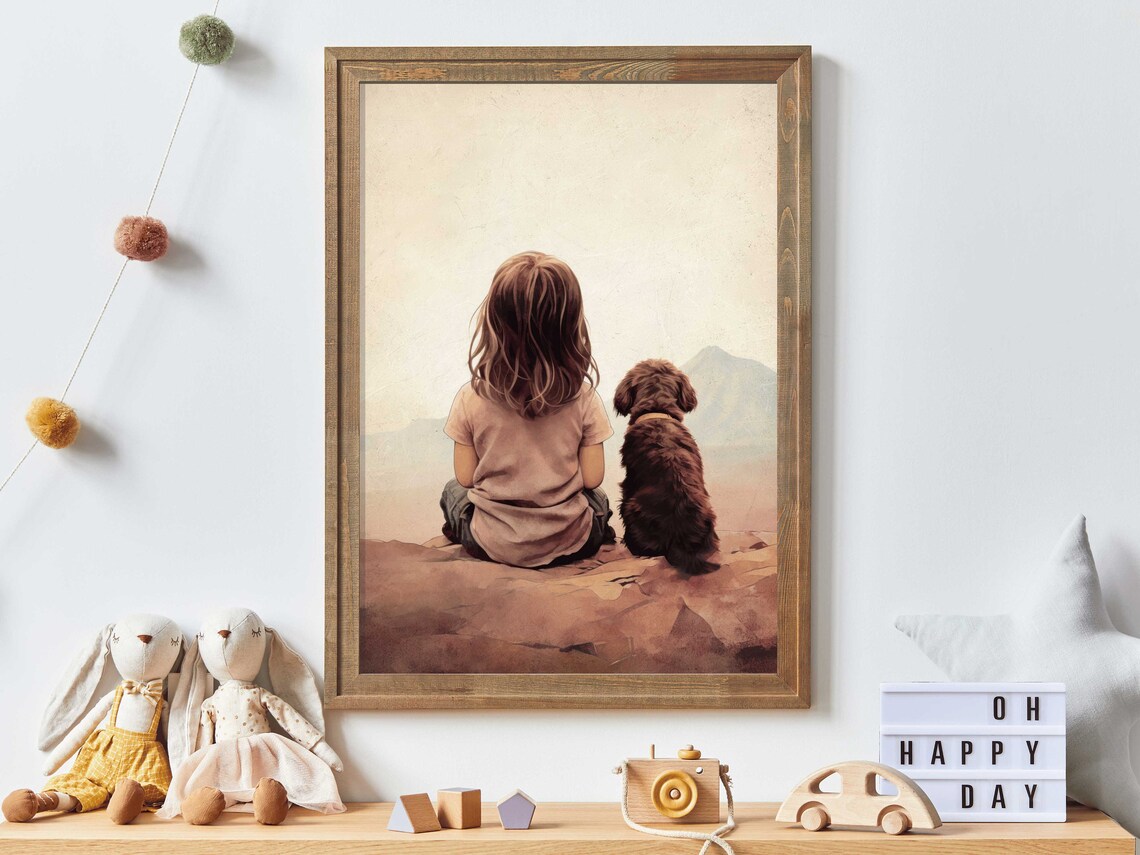 Girl And Dog Puppy Nursery Art Print, Nursery Decor