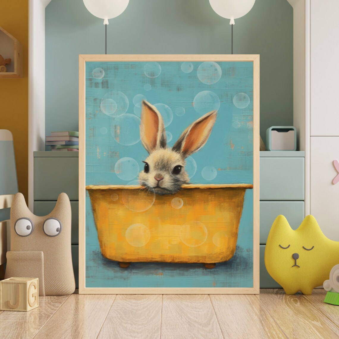 Bunny Bubble Bath Vintage Yellow Tub Cute Nursery Kids Room Wall Poster - Image 2