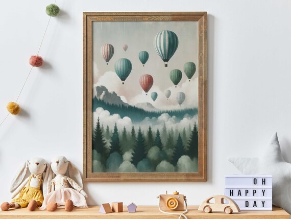 Colorful Hot Air Balloons Above Misty Mountain Forest Art Poster