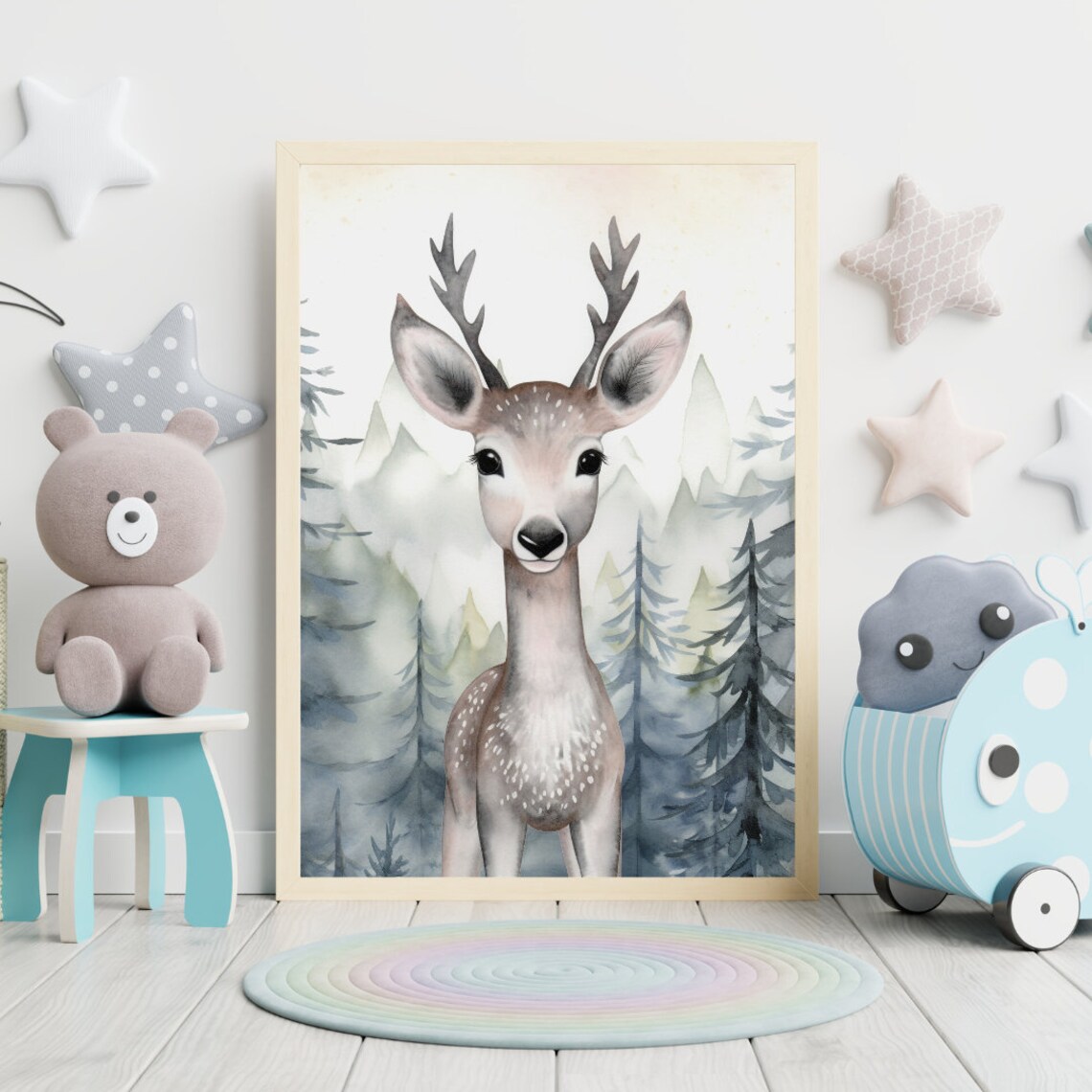 Watercolor Young Deer in Misty Pine Forest Woodland Nursery Poster - Image 2
