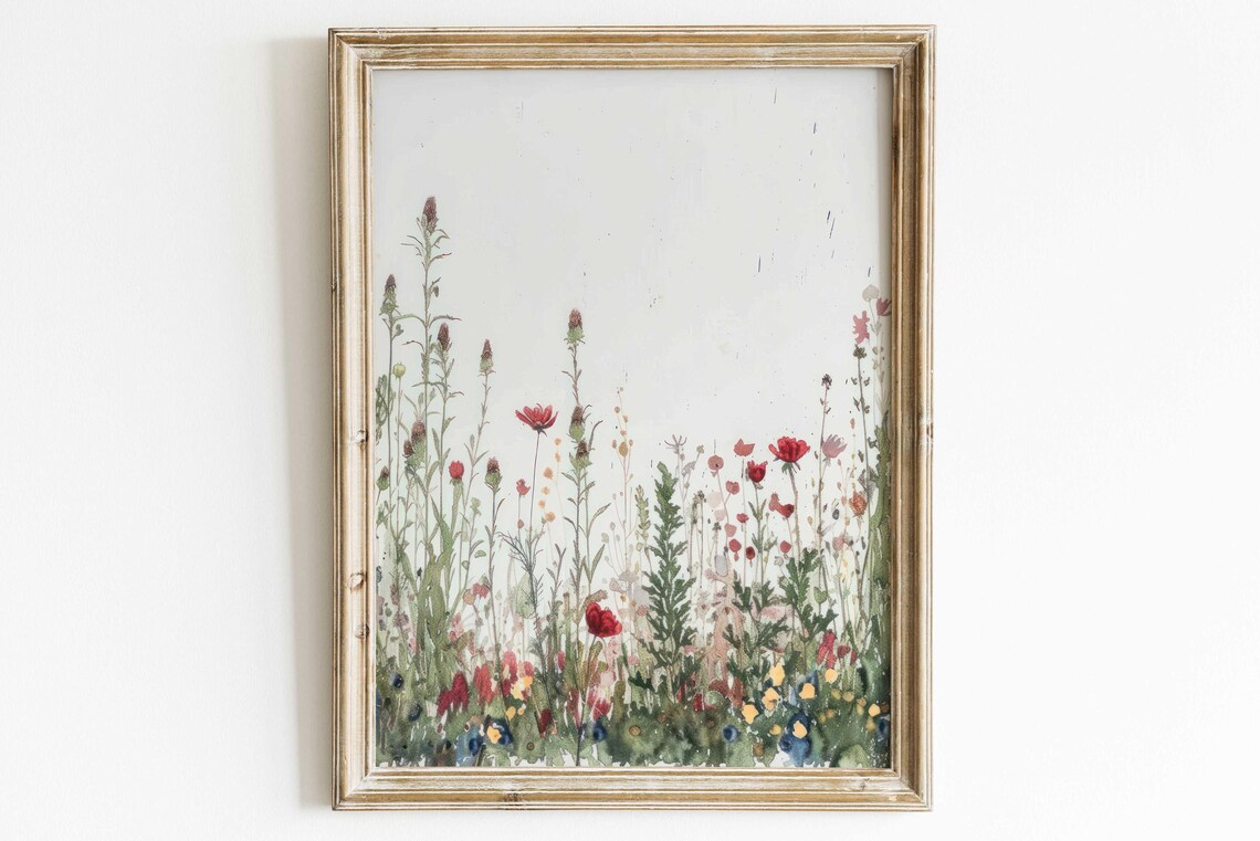 Red Wildflower Field Poster Tall Blooms Minimalist Watercolor Floral