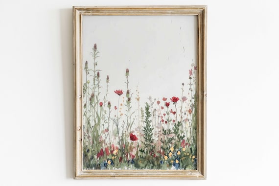 Red Wildflower Field Poster Tall Blooms Minimalist Watercolor Floral