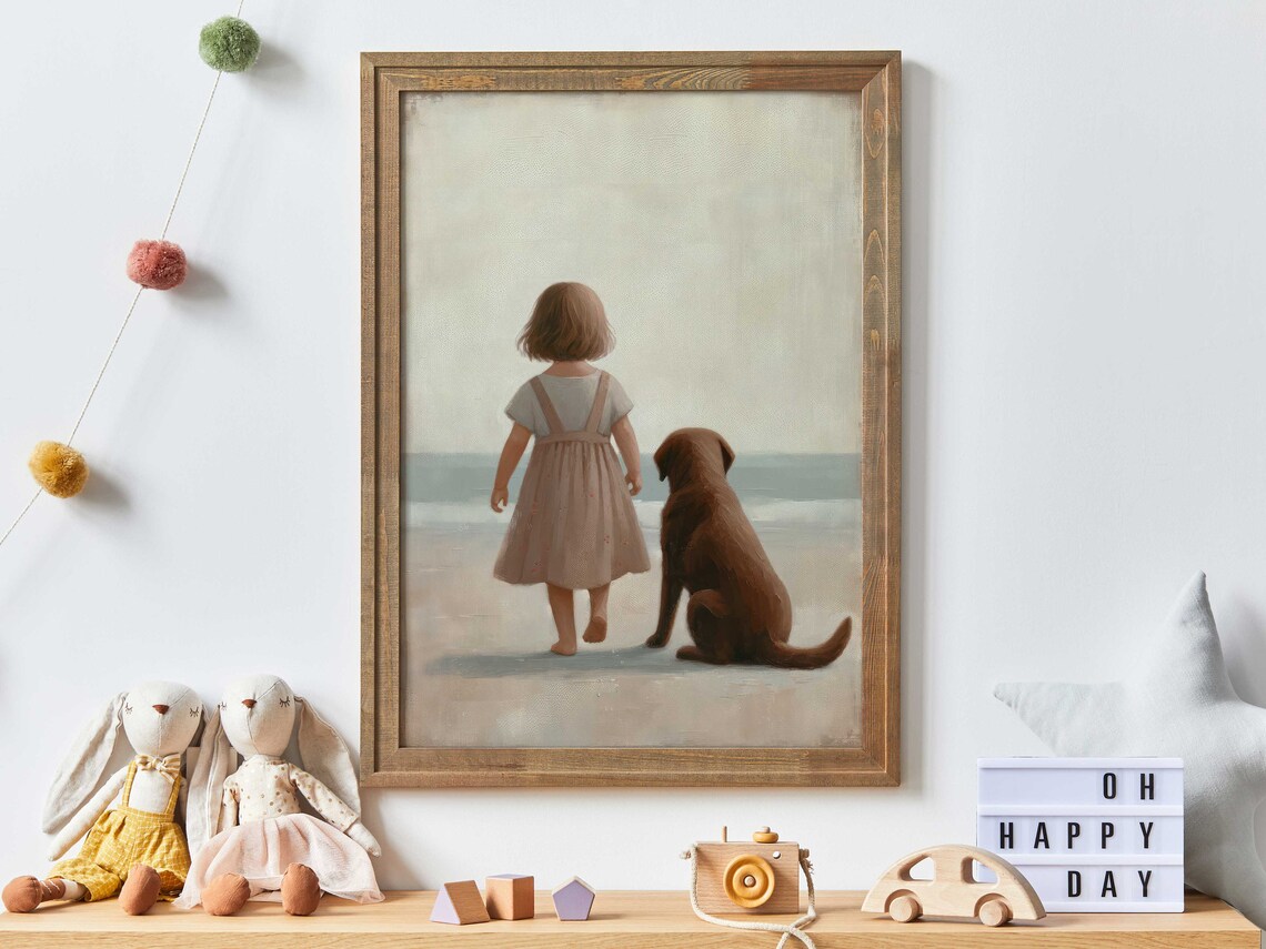 Little Girl with Chocolate Labrador Sitting by the Beach Poster