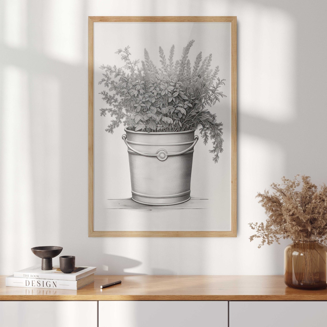 Monochrome Wildflower Bouquet in a Rustic Old Tin Bucket Poster - Image 2