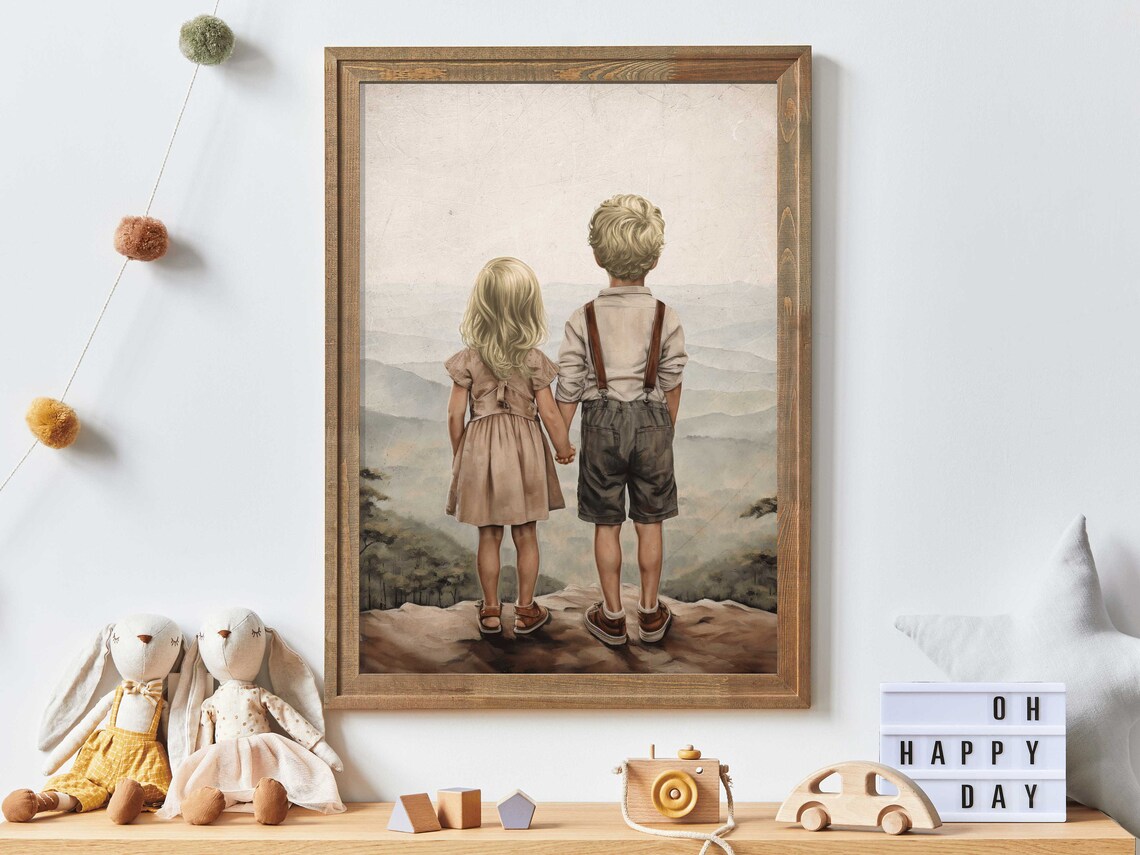 Siblings Adventure Art Print, Kids Room Decor