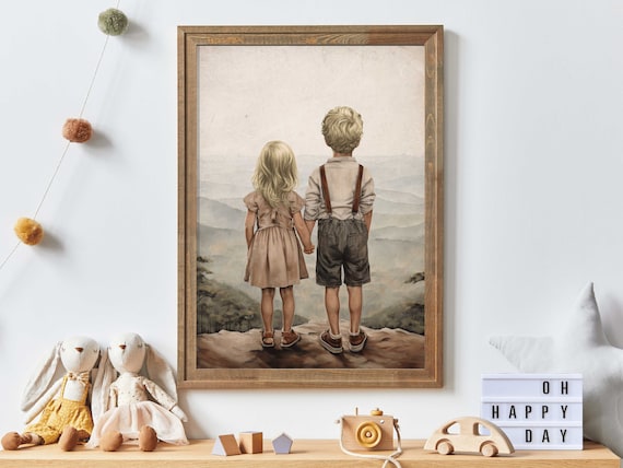 Siblings Adventure Art Print, Kids Room Decor