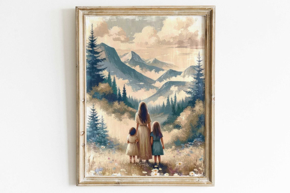 Mother With Two Daughters Facing Mountain Landscape Wildflower Poster