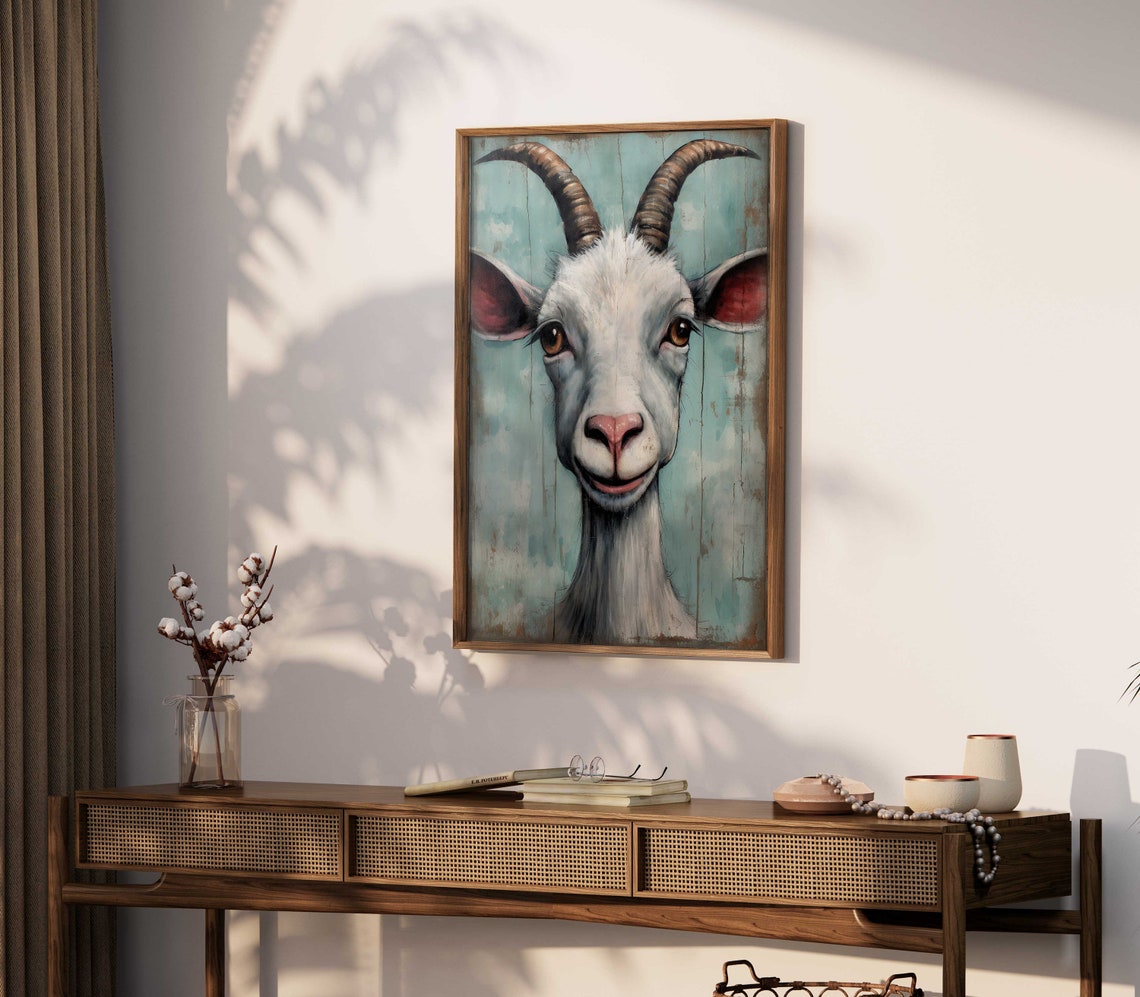 Smiling White Goat Portrait on Rustic Teal Wood Farm Art Poster - Image 2