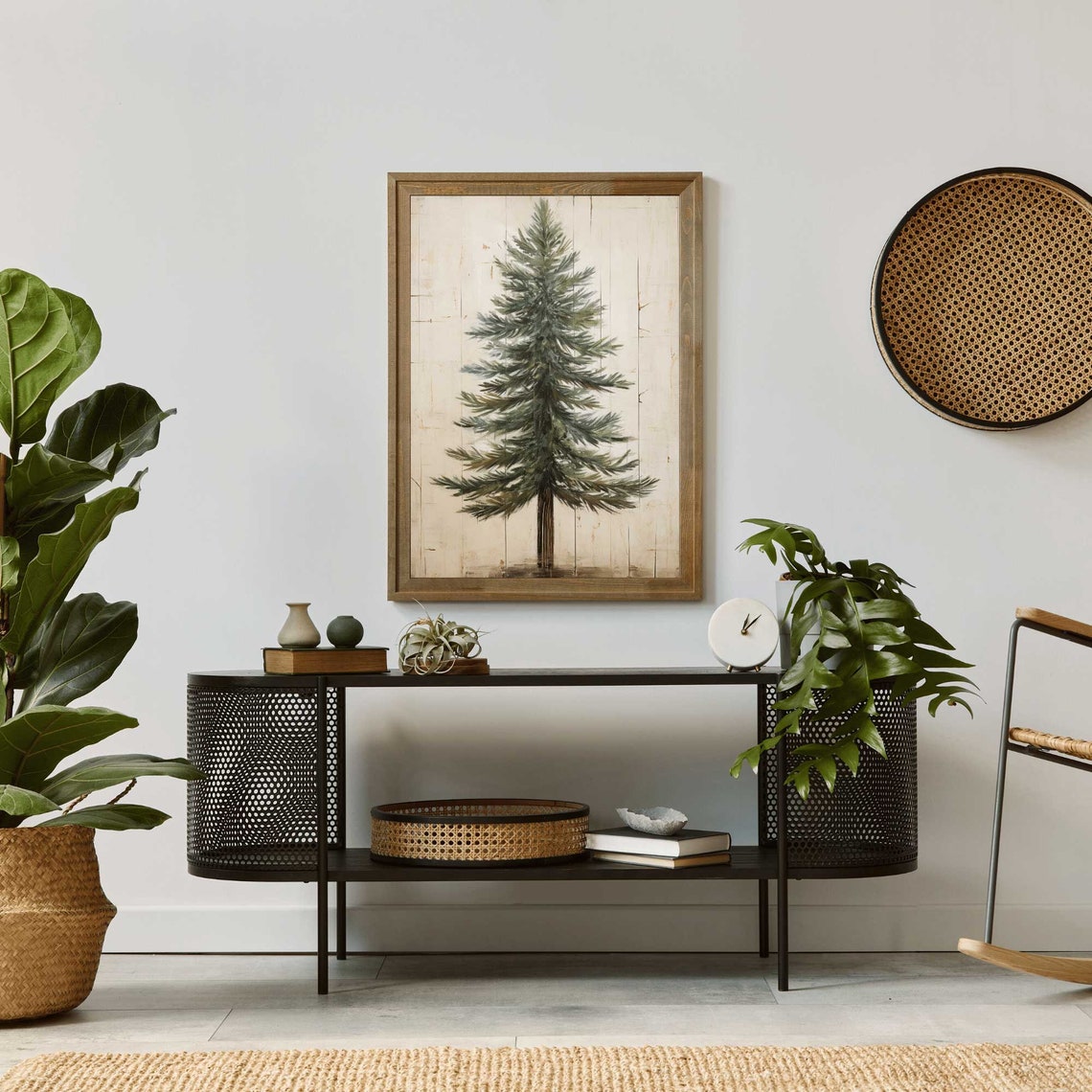 Single Fir Tree On Cream Plank Background Farmhouse Nature Art Poster - Image 2