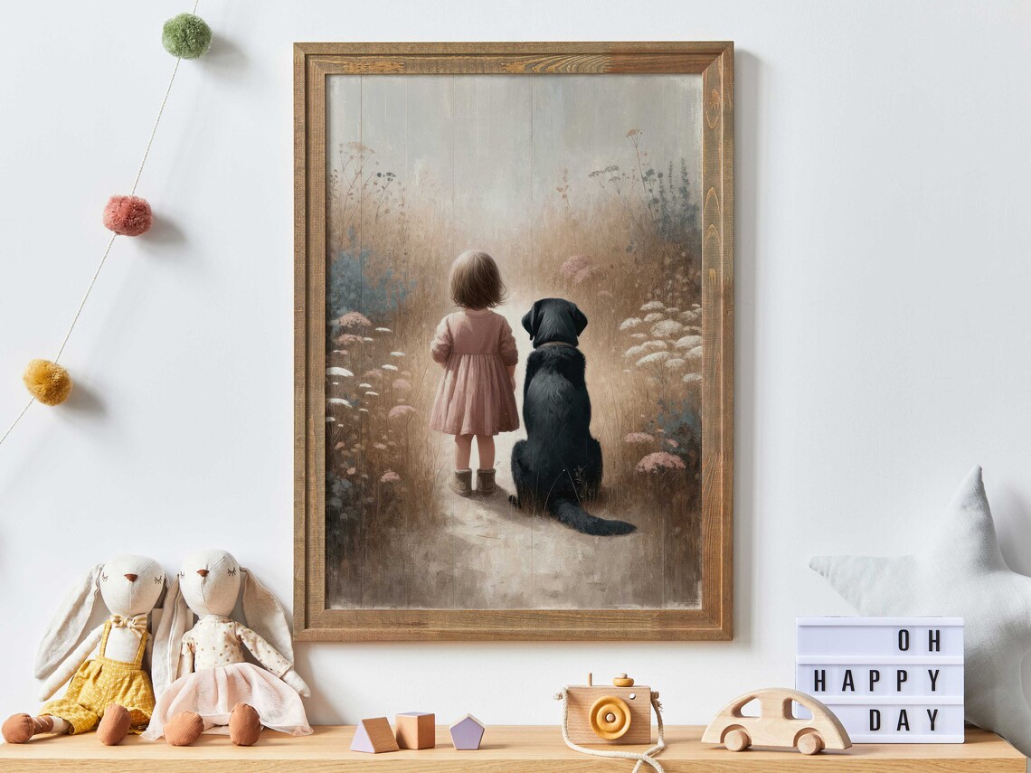 Little Girl and Black Labrador in Wildflower Meadow Nursery Poster
