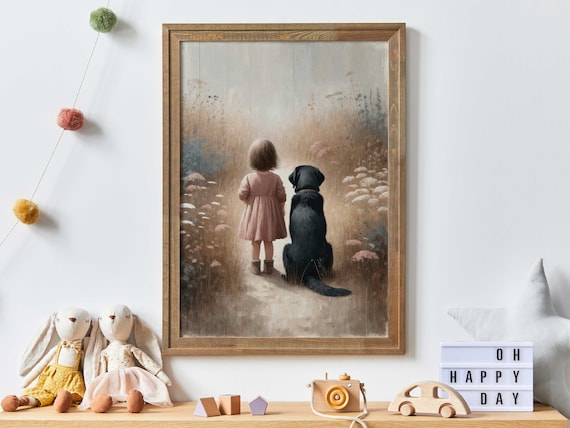 Little Girl and Black Labrador in Wildflower Meadow Nursery Poster