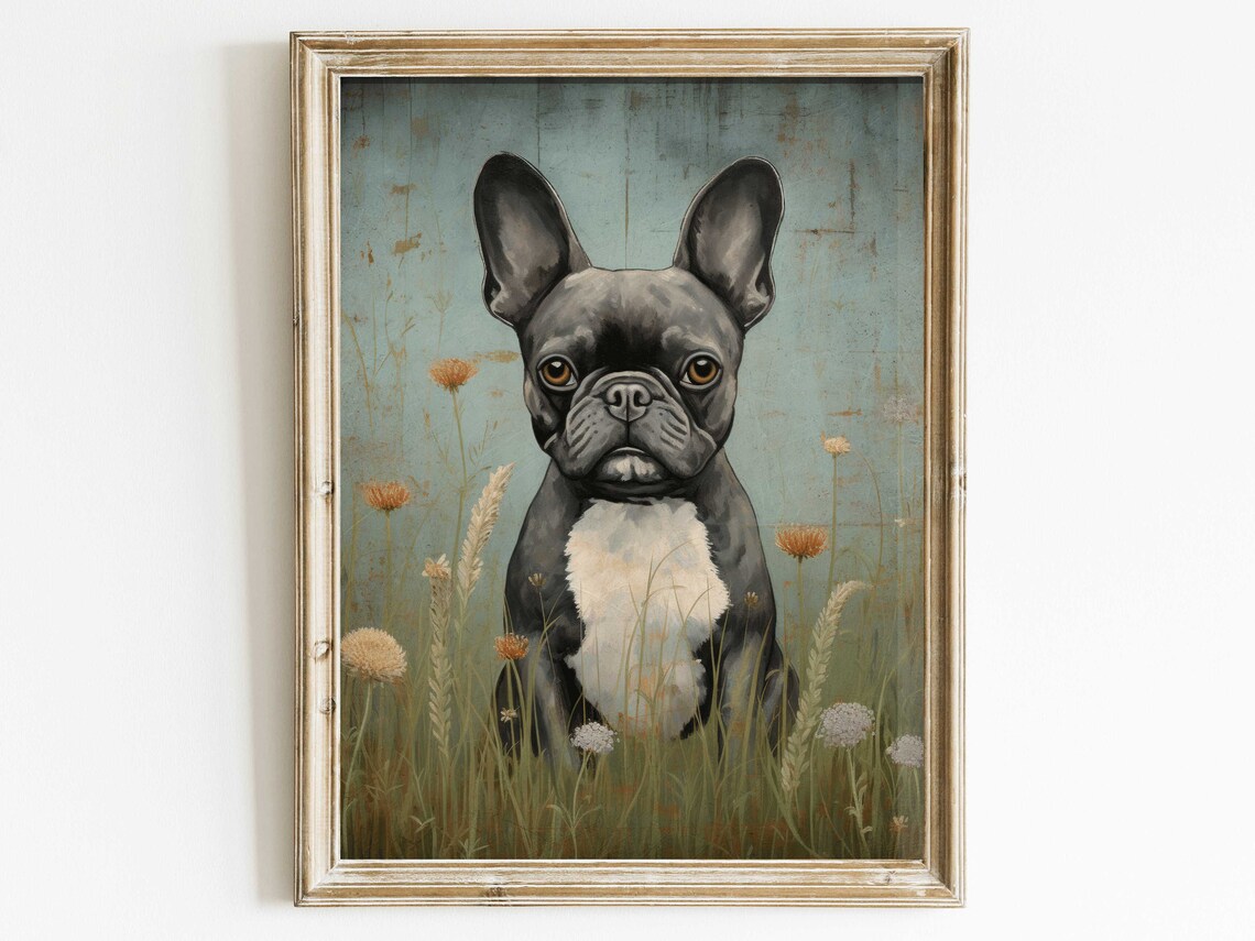 French Bulldog Standing in Wildflowers Whimsical Dog Portrait Poster