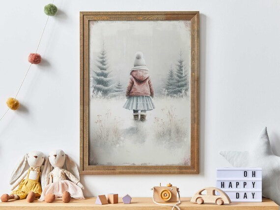 Little Girl In Pink Coat Walking Through Snowy Pine Forest Vintage Print