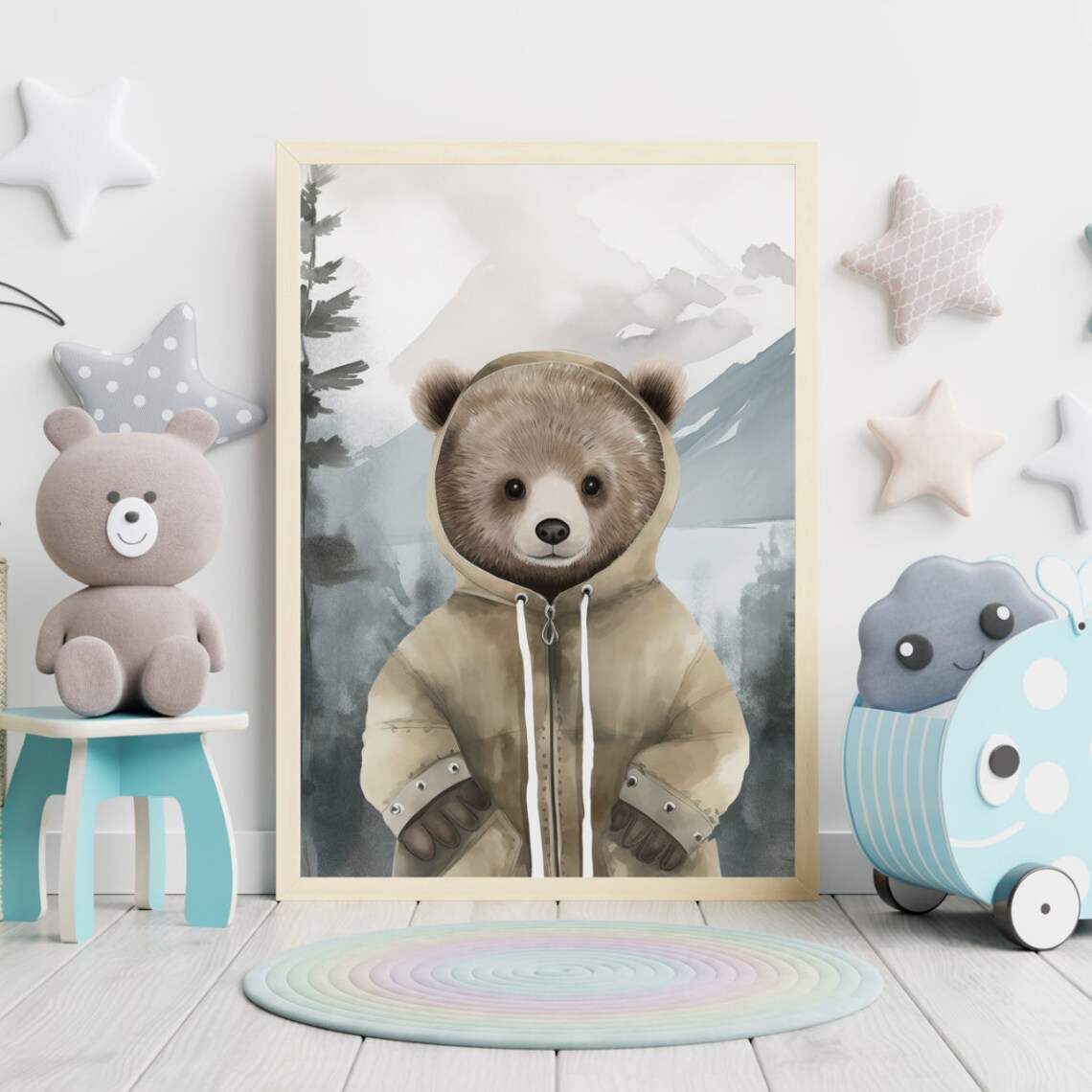 Cute Bear Cub Wearing Beige Hooded Raincoat Mountain Scene Poster - Image 2