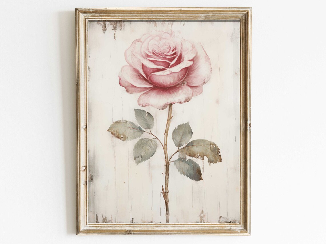 Pink Rose Floral Farmhouse Art Print, Rustic Decor