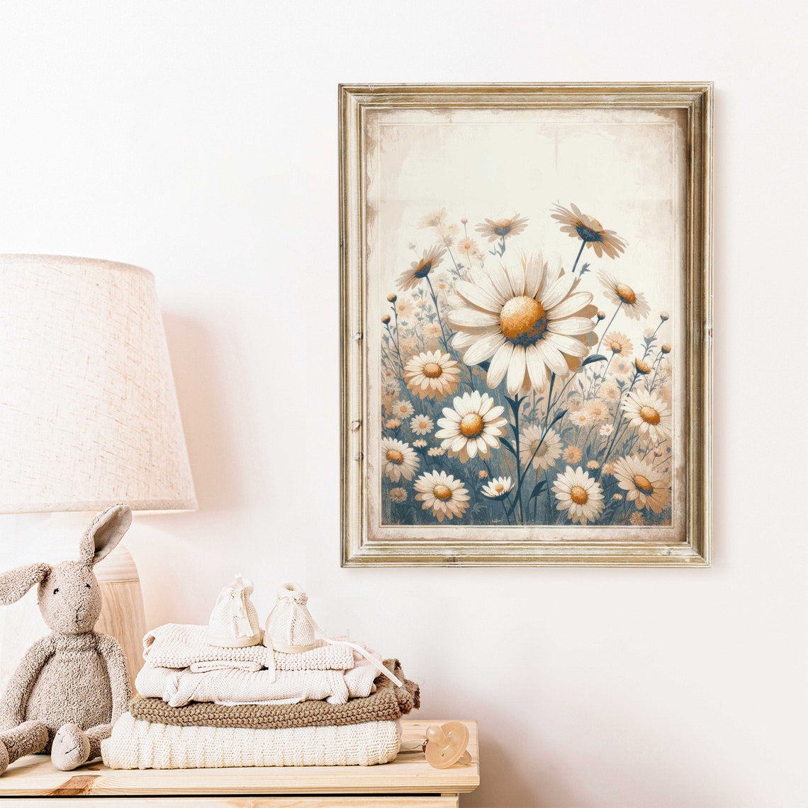 White Daisies Vintage Painting Poster Rustic Floral Cottage Decor - Image 3