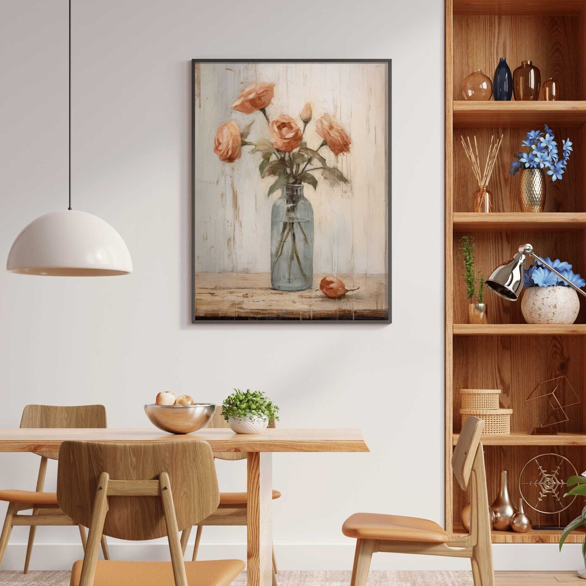 Blush Pink Roses in Blue Glass Bottle Vintage Rustic Farmhouse Poster - Image 2