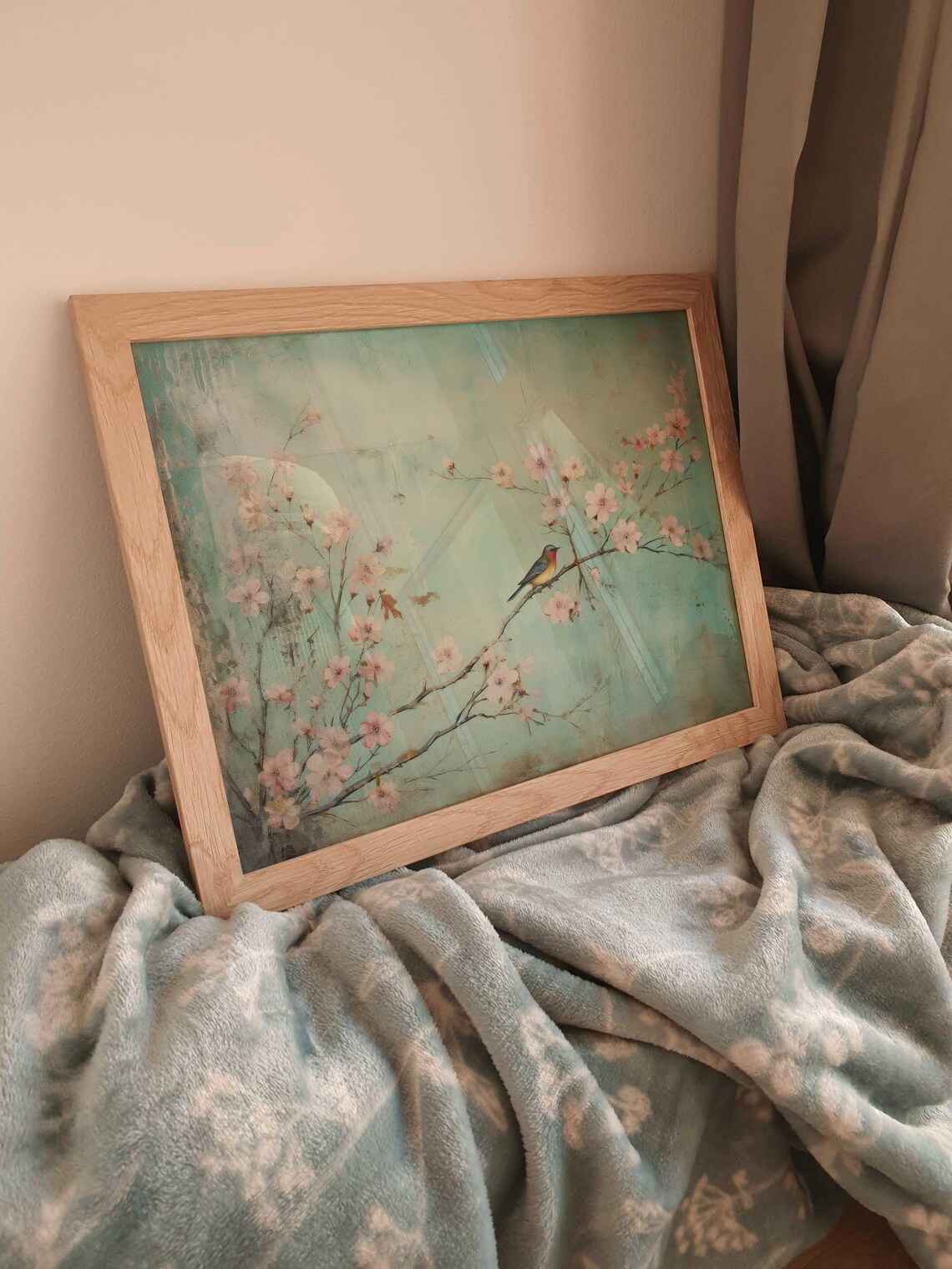 Cherry Blossom Bird Print, Vintage Rustic Floral Art - Image 2