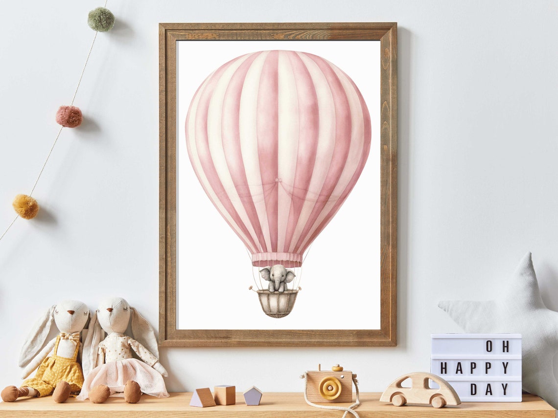 Baby Elephant Riding Pink Hot Air Balloon Nursery Watercolor Poster
