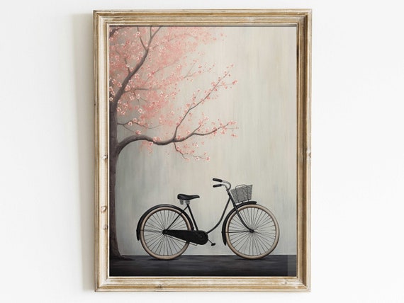 Vintage Bicycle Art Print Cherry Blossom Wall Art Vintage Wall Decor Tree Painting Grey And Pink Wall Art Wall Decor
