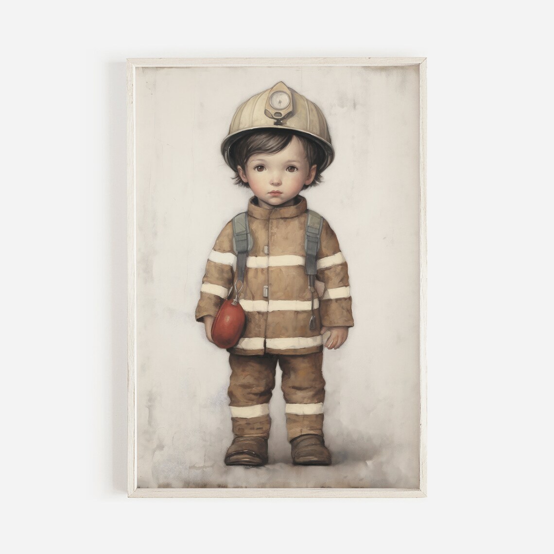 Little Fireman In Vintage Gear And Helmet Kids Room Wall Art - Image 2