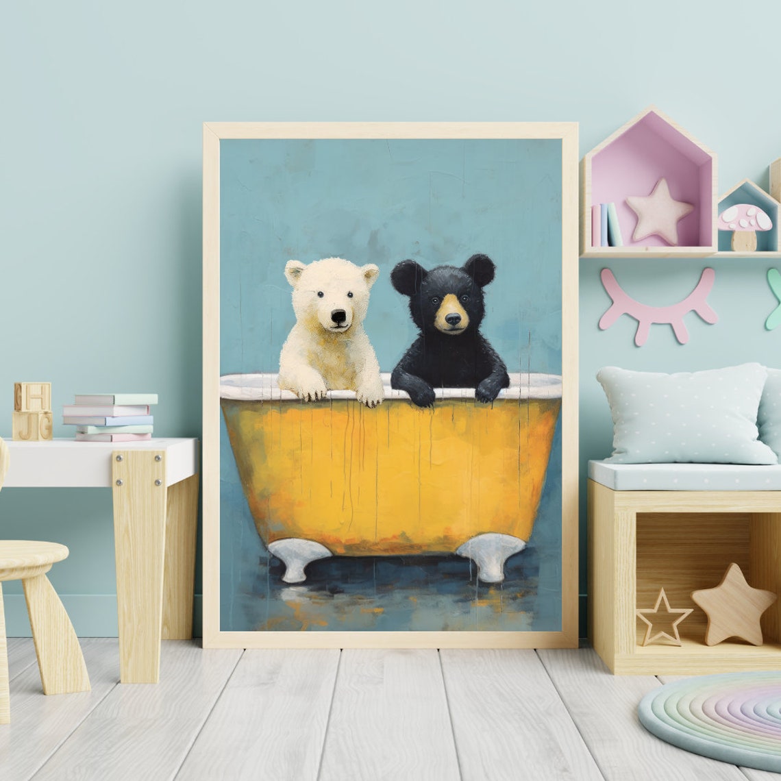 Two Bear Cubs In A Vintage Yellow Bathtub Whimsical Nursery Art Print - Image 2