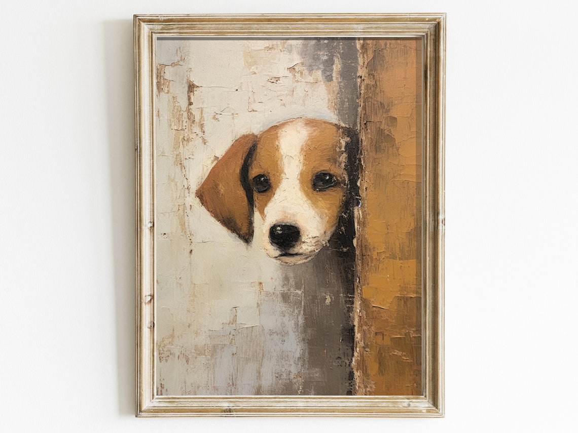 Beagle Puppy Peeking from Behind a Rustic Wall Cute Dog Poster
