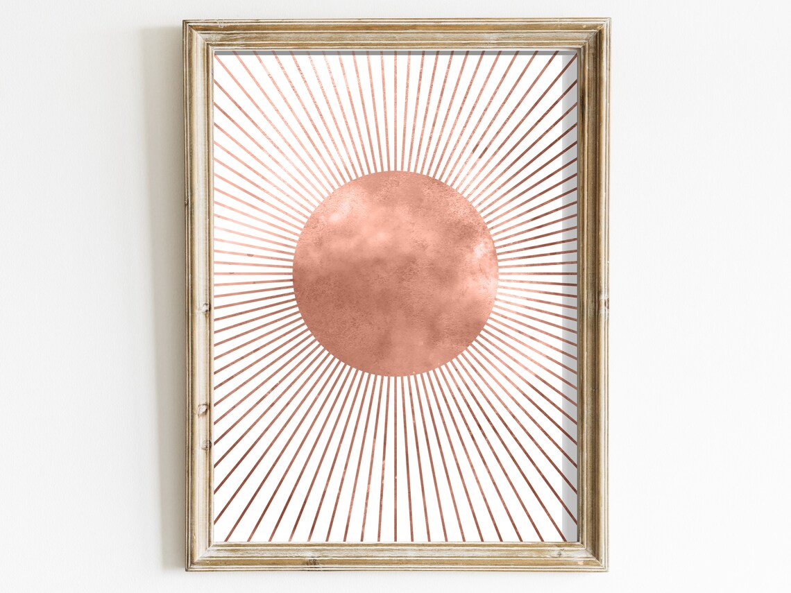Copper Sunburst Poster Rose Gold Rays Minimalist Modern Celestial Decor