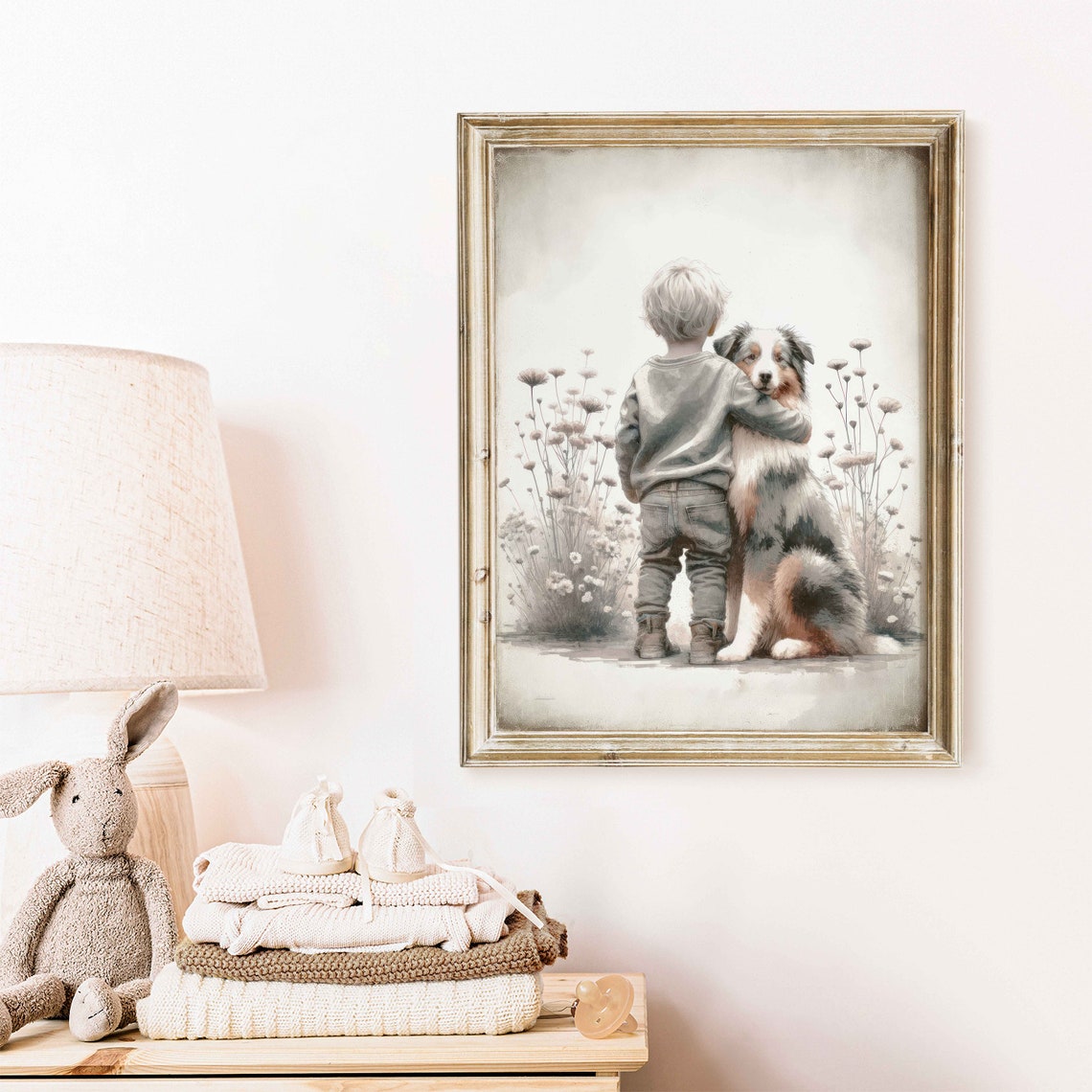 Little Boy Hugging Australian Shepherd Dog Nursery Art Print - Image 2