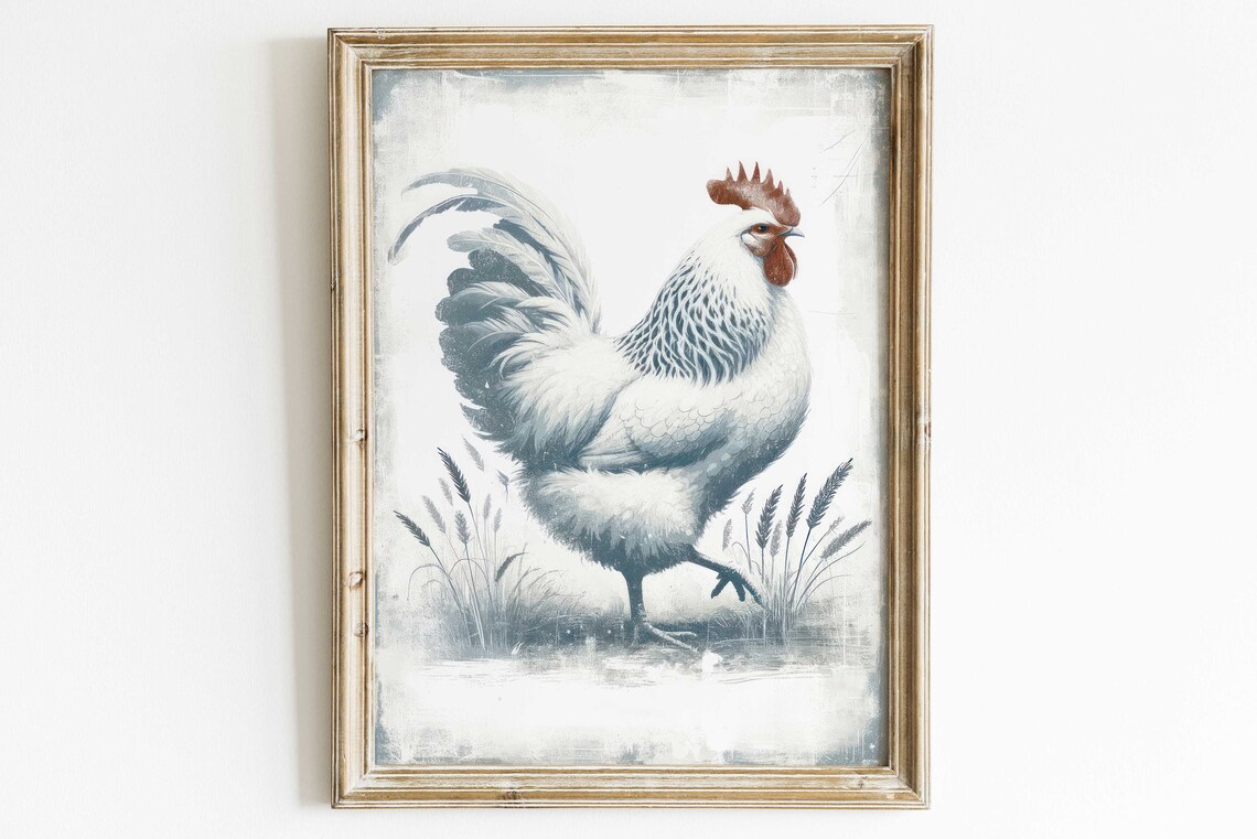 White Rooster in Wheat Field Vintage Farmhouse Animal Poster