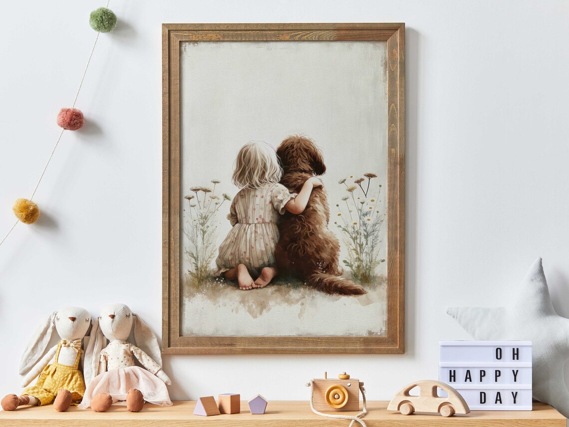 Little Girl Hugging Her Brown Labradoodle Dog in a Wildflower Field Poster - Image 3