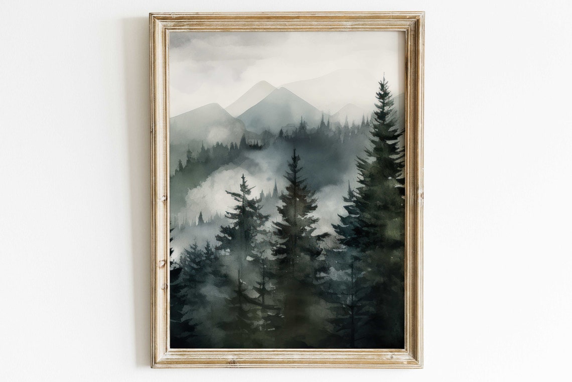 Misty Pine Forest Watercolor Landscape Tranquil Nature Scene Poster