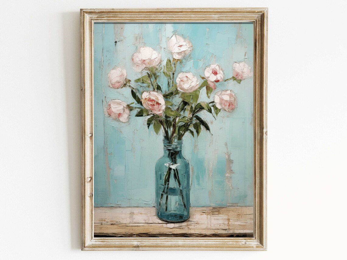 Pink Roses in a Mason Jar on an Aqua Vintage Background Poster