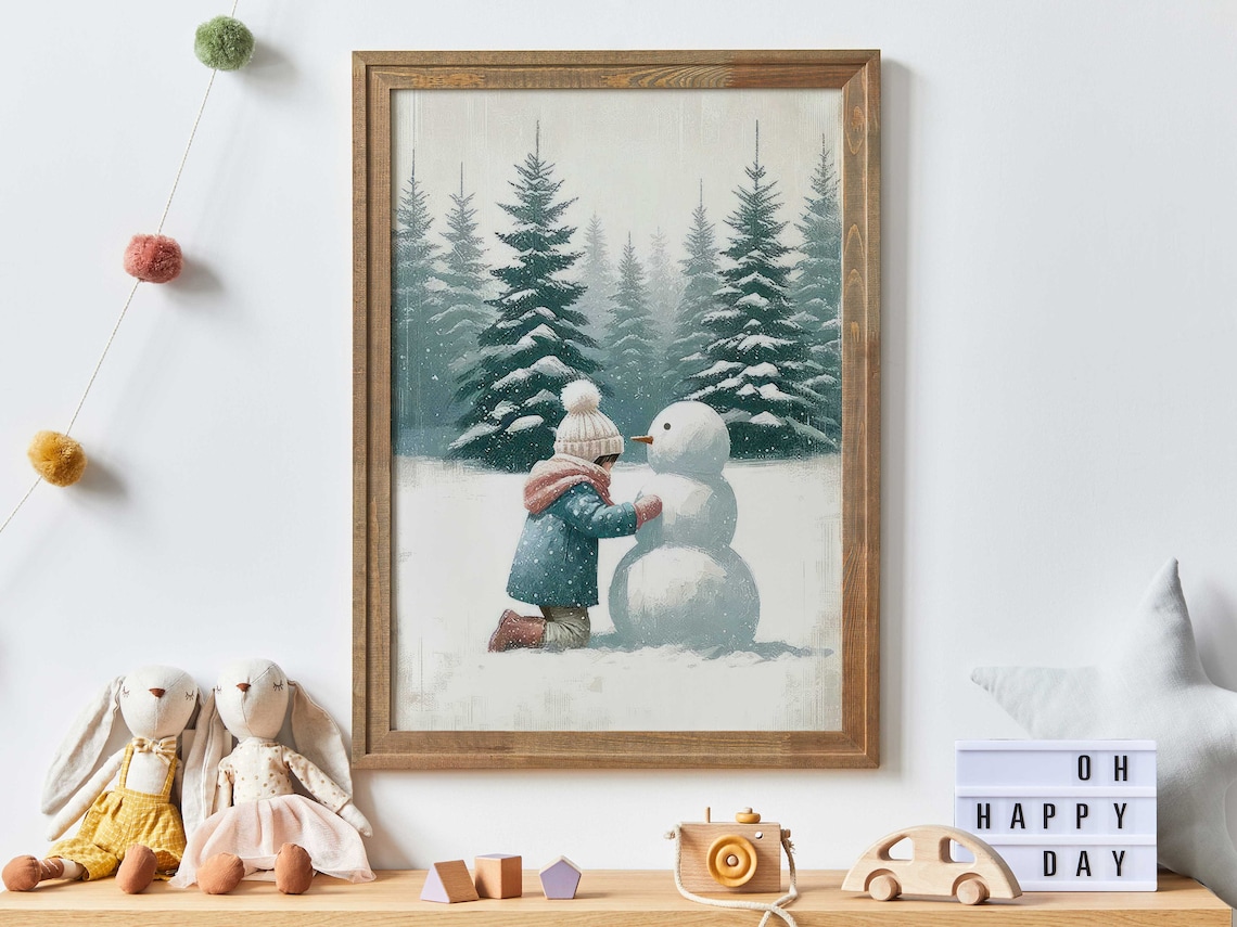 Snowman Art Print, Winter Nursery Wall Decor