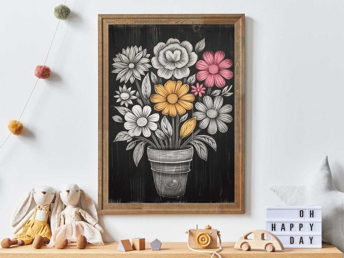 Chalkboard Style Flower Pot Bouquet on Black Background Poster - Image 2