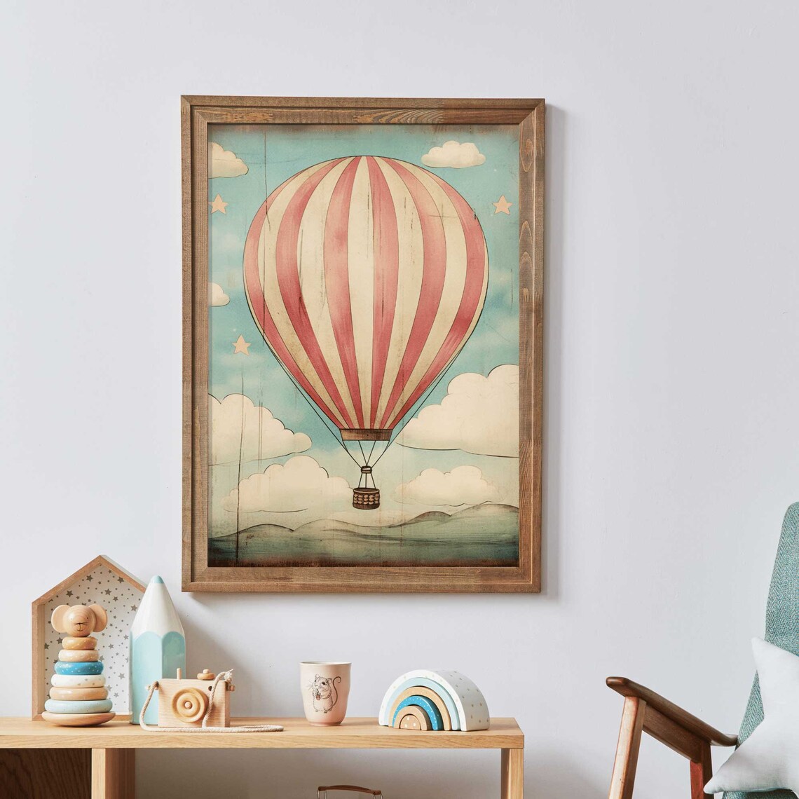 Vintage Red Striped Hot Air Balloon Poster Starry Nursery Adventure - Image 3