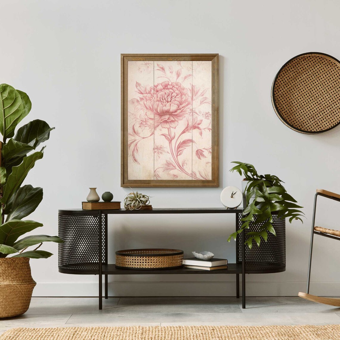 Elegant Pink Peony Engraving Floral Toile Botanical Art Poster - Image 2