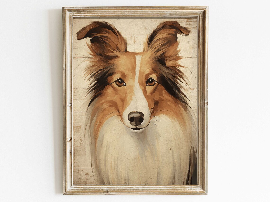 Collie Dog Face Portrait Vintage Rustic Pet Painting Wall Poster