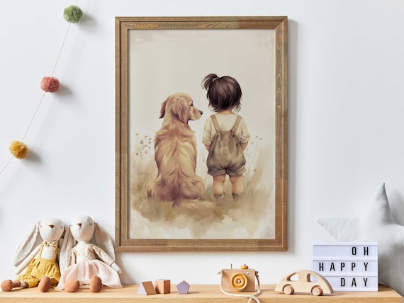 Little Girl with Golden Retriever Poster Meadow Watercolor Nursery Art