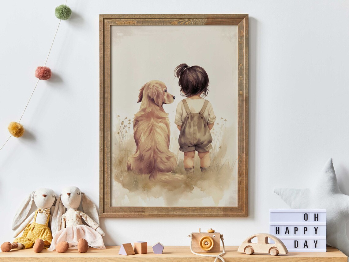 Little Girl with Golden Retriever Poster Meadow Watercolor Nursery Art